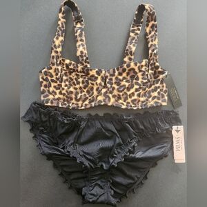 32DD/S VS Swim Full Coverage Bikini Top Ruffle Cheeky Bikini Set Leopard